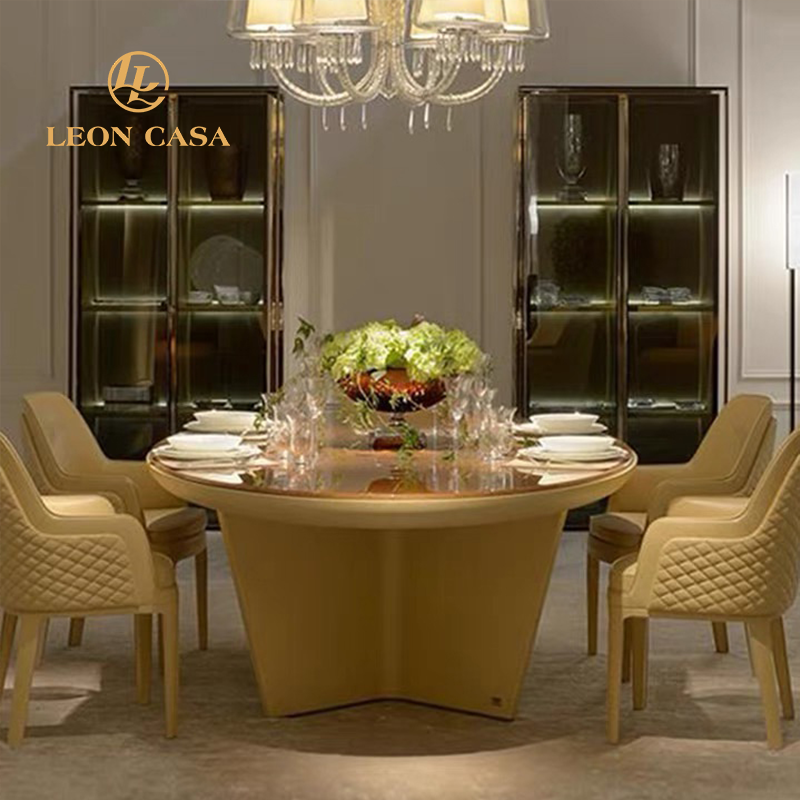 High end villa dining room furniture italian burl wood veneer dining table luxury wooden dining table set