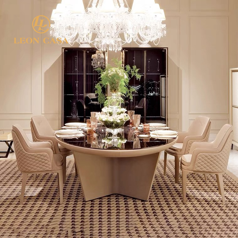 High end villa dining room furniture italian burl wood veneer dining table luxury wooden dining table set