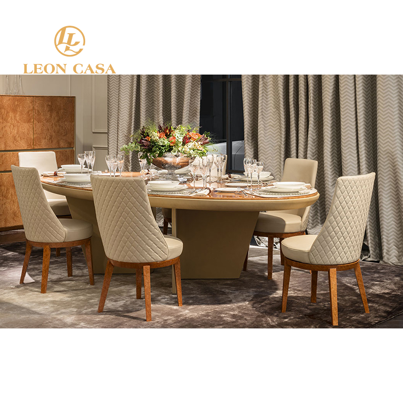High end villa dining room furniture italian burl wood veneer dining table luxury wooden dining table set