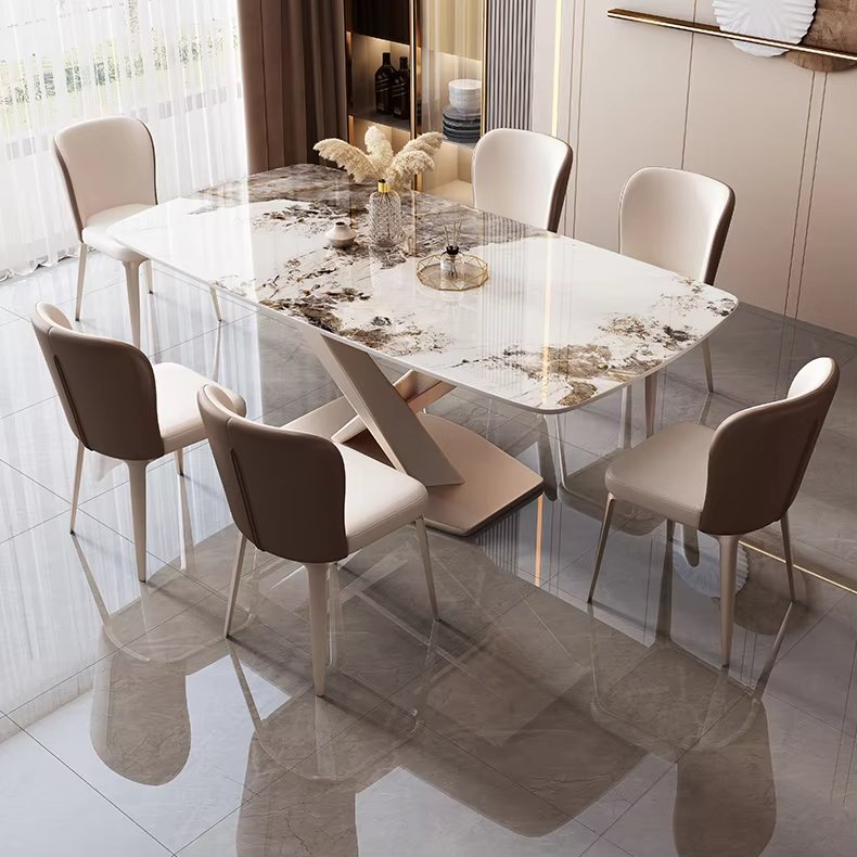Light luxury rock plate dining table and chair set glossy rectangle home western restaurant eating table