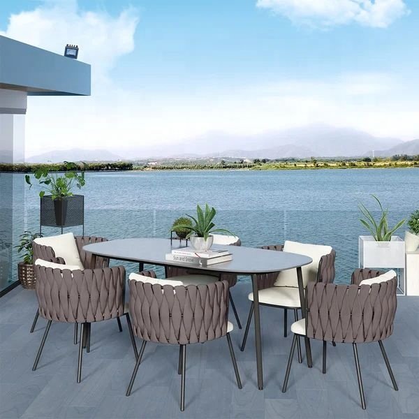Outdoor Nordic Dining Set dining table set 4 Chairs with Sintered Stone Marble Top & Aluminum Table and Rope Woven Chair