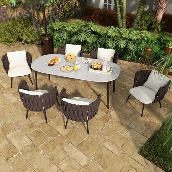 Outdoor Nordic Dining Set dining table set 4 Chairs with Sintered Stone Marble Top & Aluminum Table and Rope Woven Chair