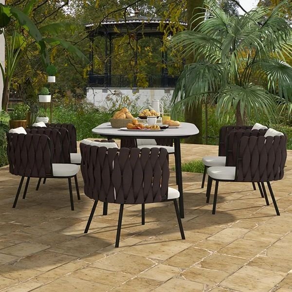 Outdoor Nordic Dining Set dining table set 4 Chairs with Sintered Stone Marble Top & Aluminum Table and Rope Woven Chair