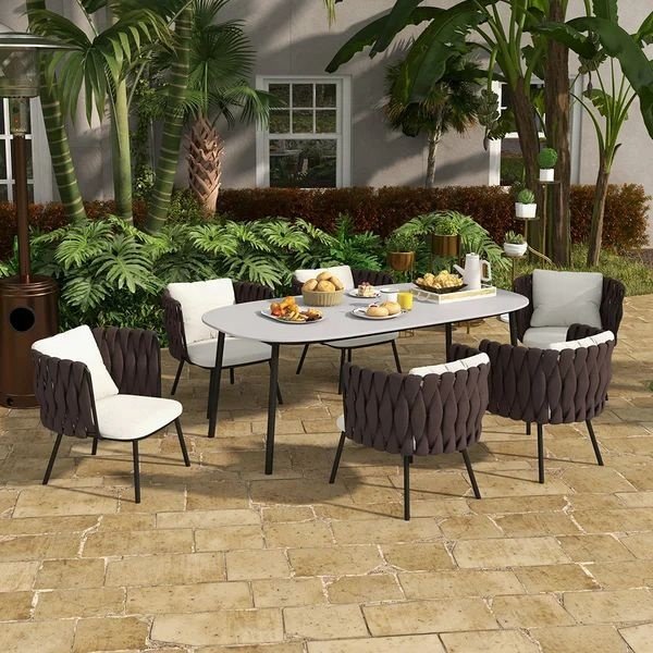 Outdoor Nordic Dining Set dining table set 4 Chairs with Sintered Stone Marble Top & Aluminum Table and Rope Woven Chair