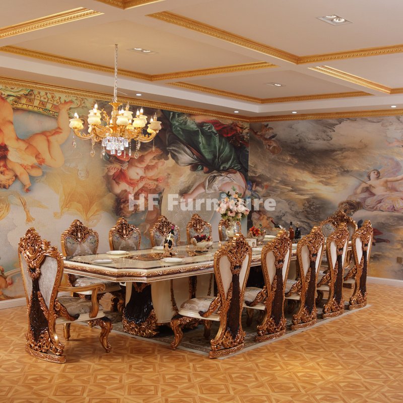 Royal Wooden Hand Carved Classic Luxury Dining Table Set For 12 Turkish Dining Table And Chairs
