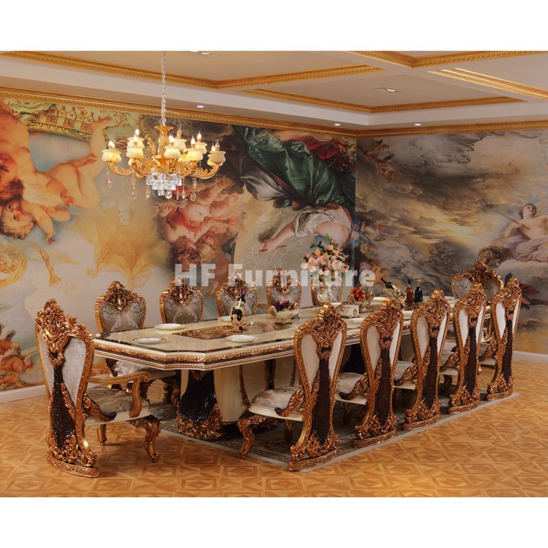 Royal Wooden Hand Carved Classic Luxury Dining Table Set For 12 Turkish Dining Table And Chairs