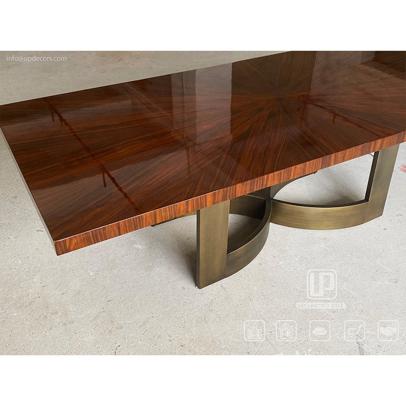 Exclusive Design Customized Antique Dining Table Stainless Steel Luxury Bronze Base Wooden Top Dining Tables