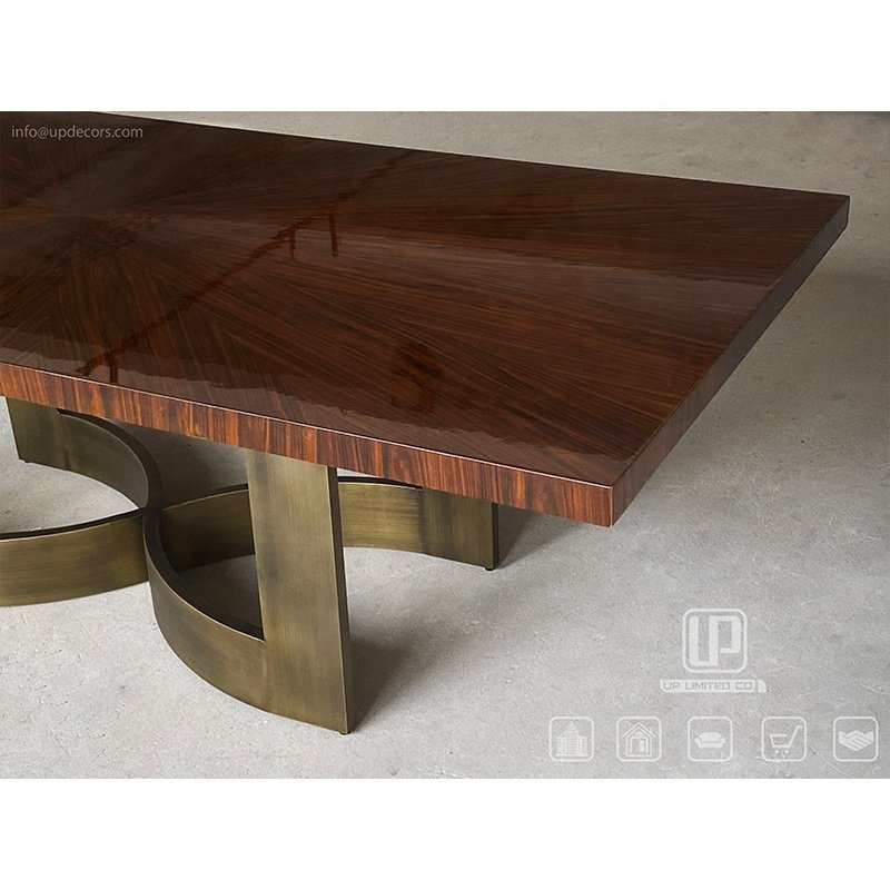Exclusive Design Customized Antique Dining Table Stainless Steel Luxury Bronze Base Wooden Top Dining Tables