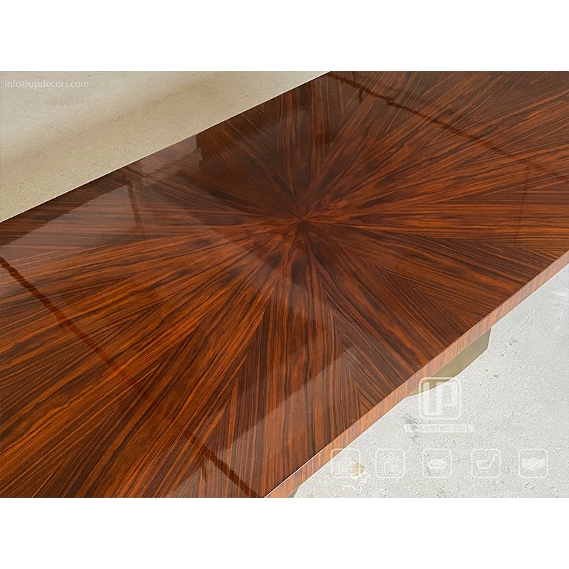Exclusive Design Customized Antique Dining Table Stainless Steel Luxury Bronze Base Wooden Top Dining Tables