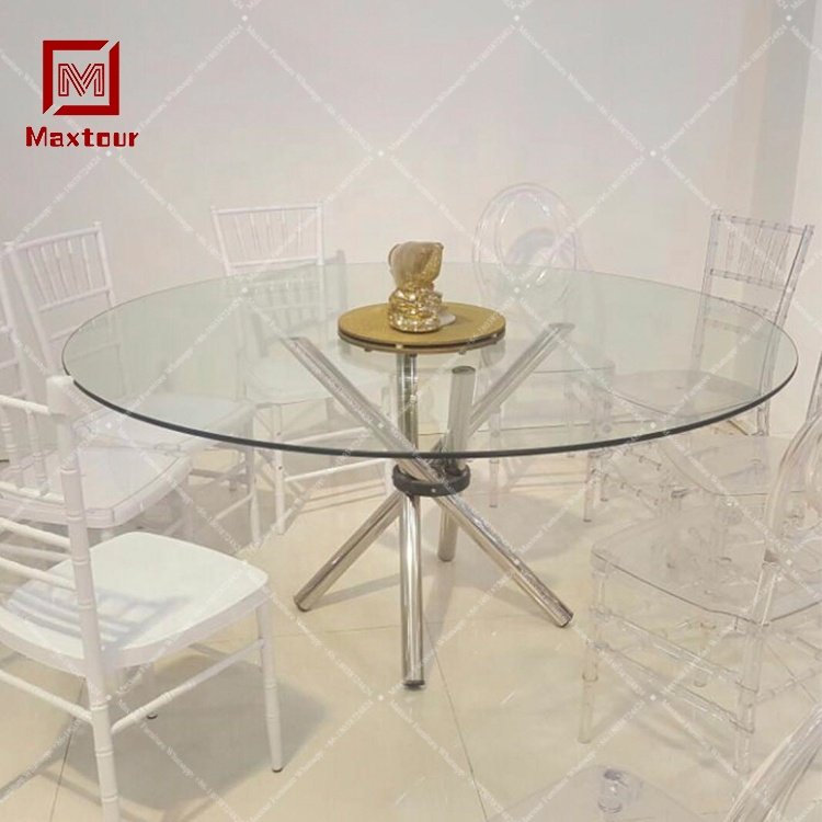 Modern stainless steel legs glass round dining table set for wedding Afternoon tea cake folding table