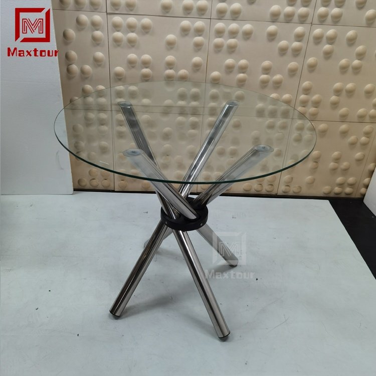 Modern stainless steel legs glass round dining table set for wedding Afternoon tea cake folding table