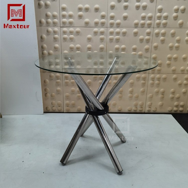 Modern stainless steel legs glass round dining table set for wedding Afternoon tea cake folding table