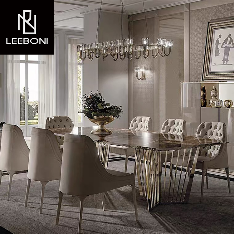Luxury Marble Top Dining Table Set with Gold Stainless Steel Base for Dining Room Furniture