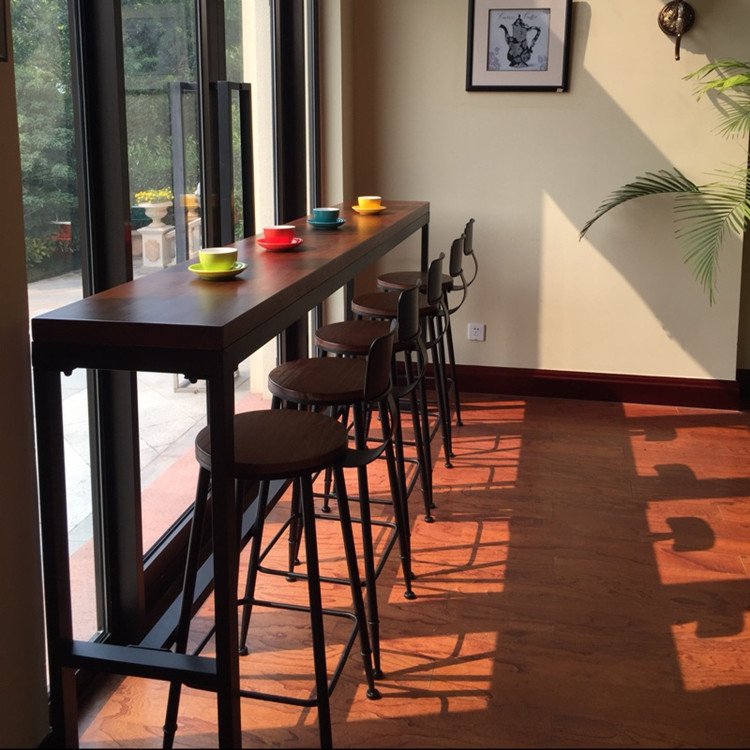 Cafe Decoration Furniture High Table and Chair solid wood with steel legs Commercial coffee furniture