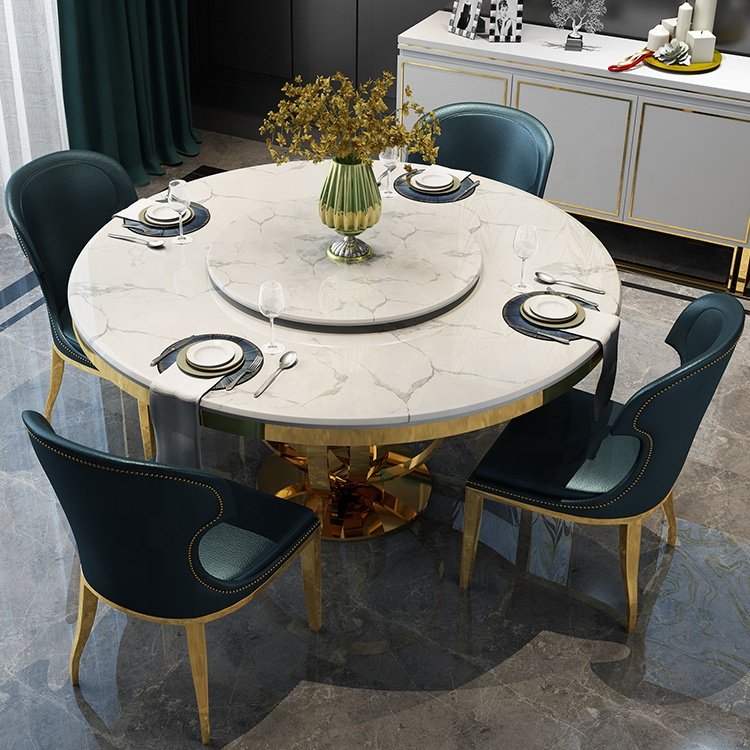 Modern Luxury Living Dining Room Sintered Stone Dining Tables Gold Stainless Steel Round Marble Dining Table Set