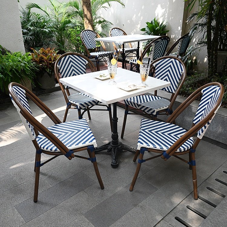 Customizable outdoor Pe Rattan Woven Bistro restaurant Table and chair Set 5 Pieces set marble Dining Tabale Wholesale sale