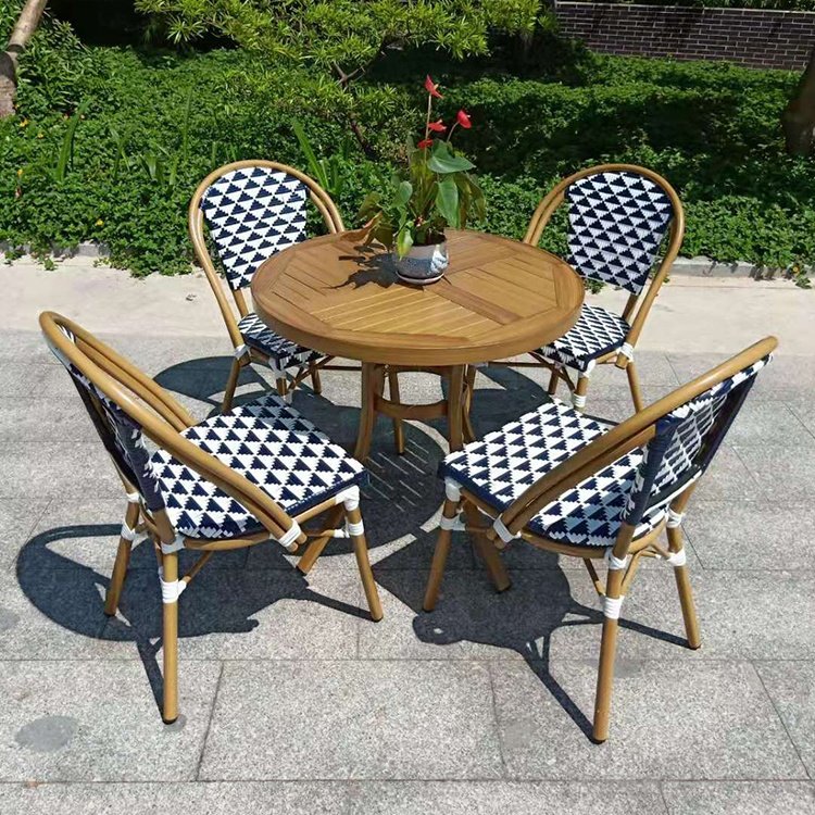 Customizable outdoor Pe Rattan Woven Bistro restaurant Table and chair Set 5 Pieces set marble Dining Tabale Wholesale sale
