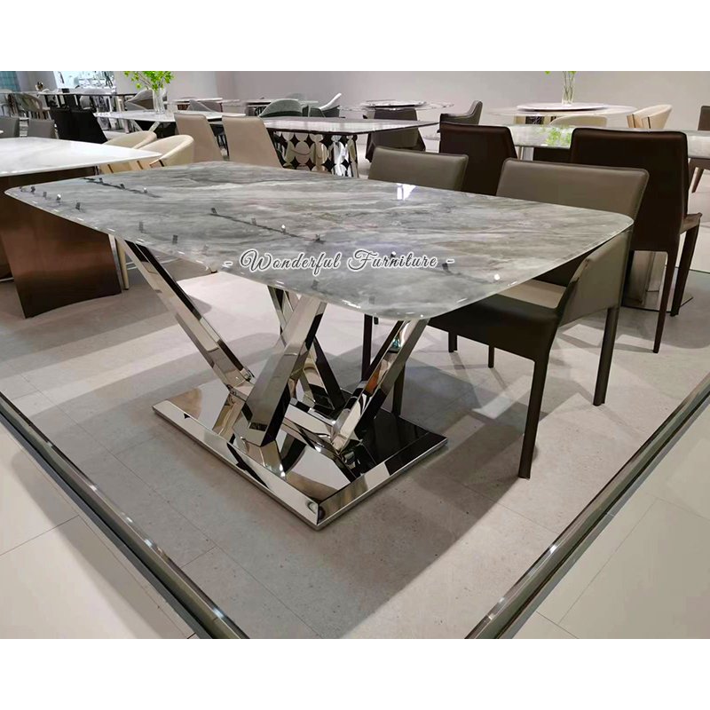 Quartz Stone Dining Tables Minimalist Household Small Restaurant Stainless Steel Legs Dining Table