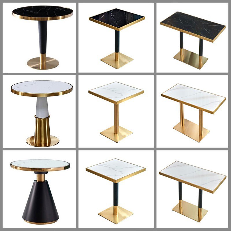 Restaurant Marble Dining Table Luxury Golden Stainless Steel Stone Table Sets For Cafe Hotel Coffee Shop Bar Fast Food Outdoor