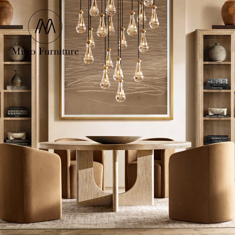 Modern Vintage Luxury Large Round Dining Table New Modern Country Design Solid Wood Breton Round Dining Table set 4 6 8 chairs