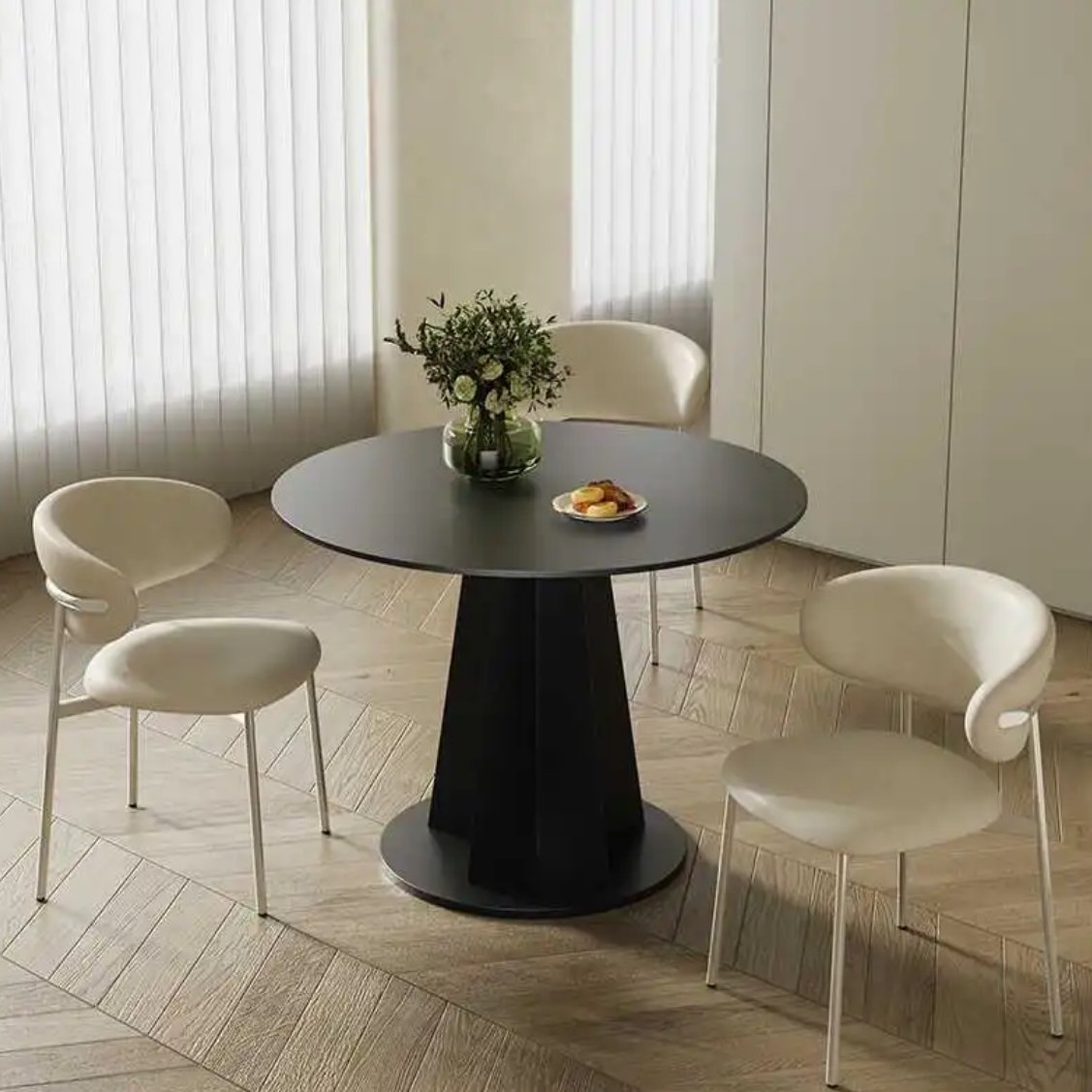 French cream style round rock dining table modern small apartment pure white home table with turntable dining table and chairs