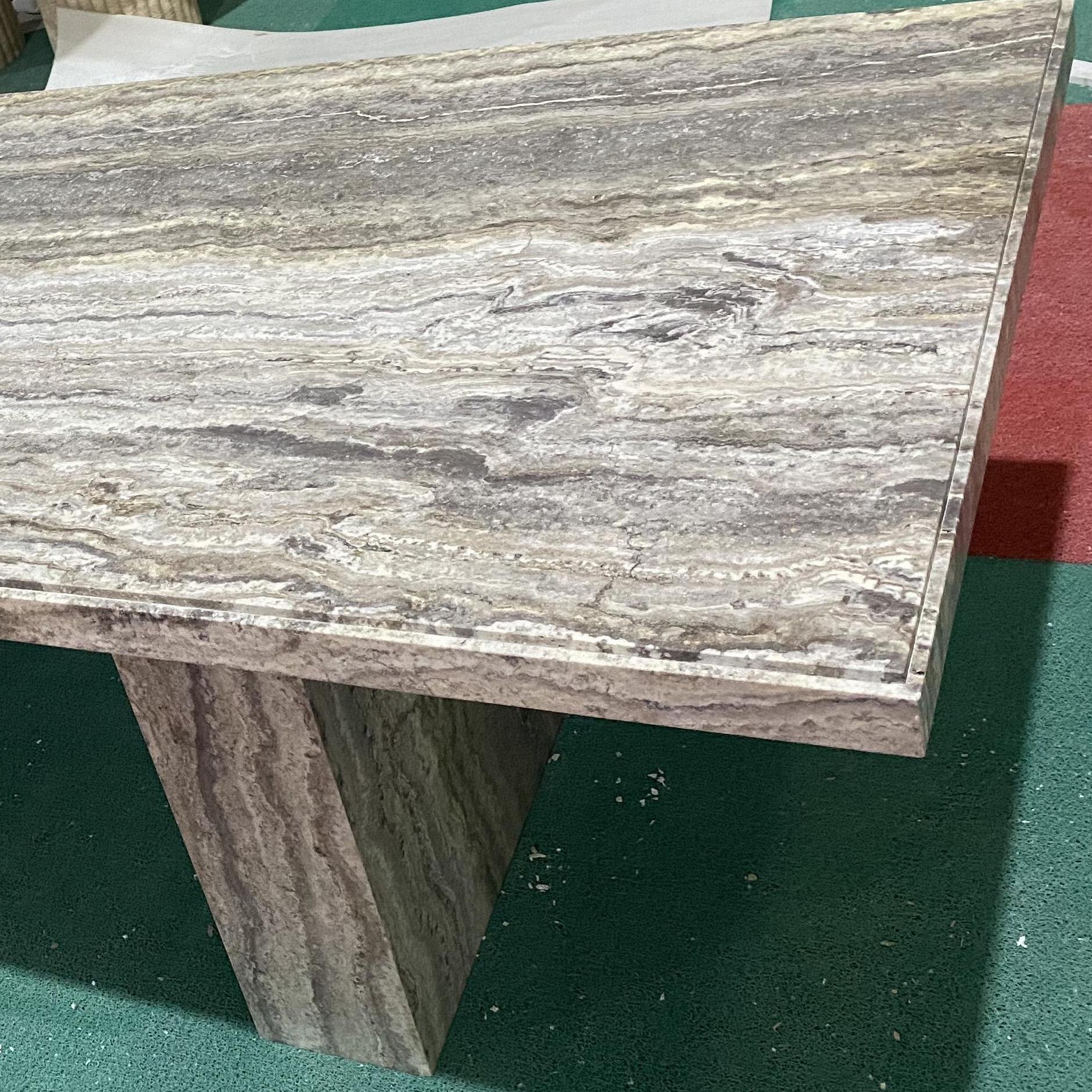 SHIHUI Natural Stone Customized Dining Room Furniture Square Silver Grey Travertine Fluted Marble Rectangle Dining Table