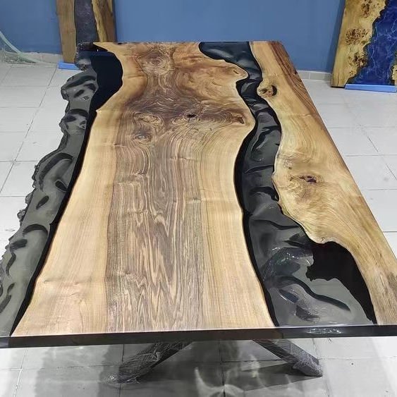 Luxury Factory Direct Solid Walnut Wood Cafe Coffee Restaurant River Epoxy Resin Slab Kitchen Dining Table