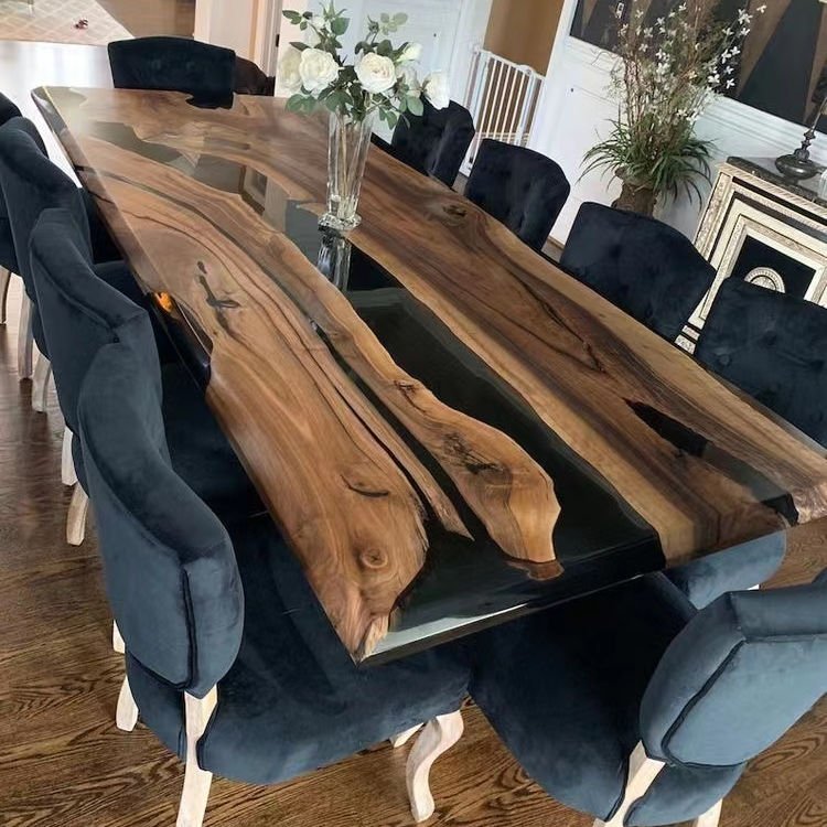 Luxury Factory Direct Solid Walnut Wood Cafe Coffee Restaurant River Epoxy Resin Slab Kitchen Dining Table