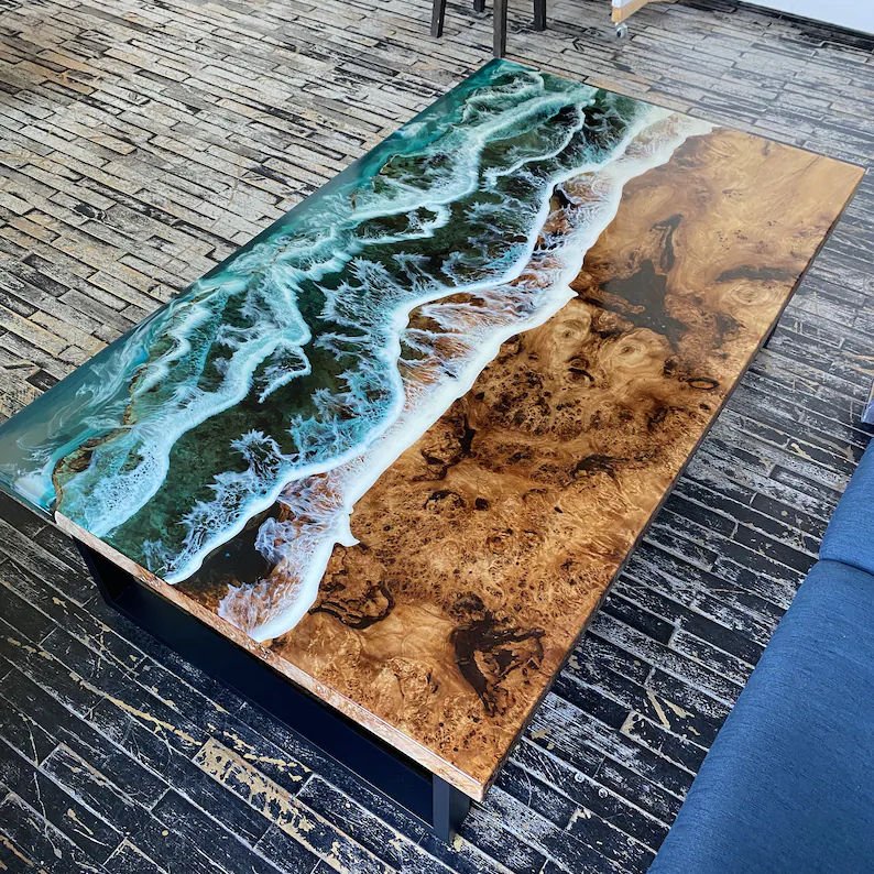 Luxury Factory Direct Solid Walnut Wood Cafe Coffee Restaurant River Epoxy Resin Slab Kitchen Dining Table