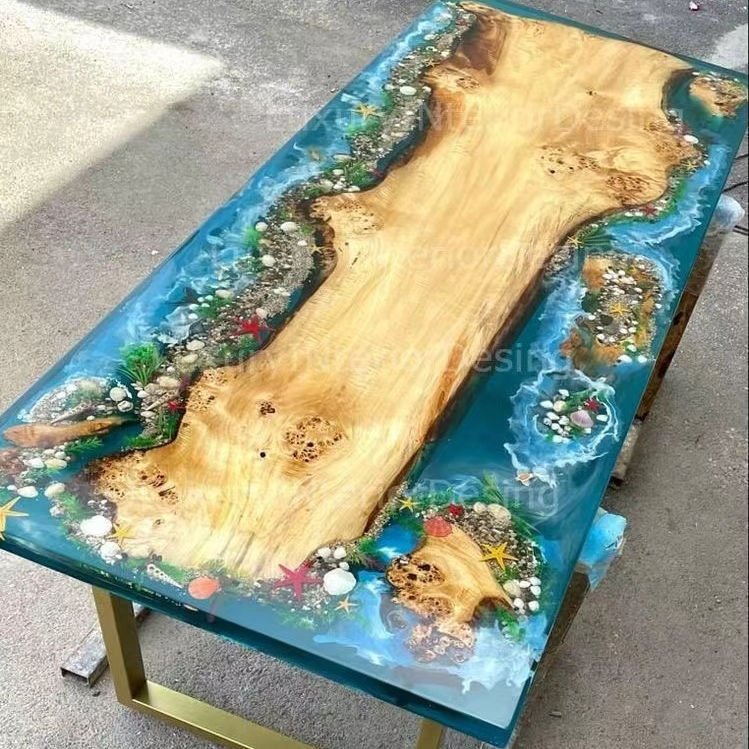Luxury Factory Direct Solid Walnut Wood Cafe Coffee Restaurant River Epoxy Resin Slab Kitchen Dining Table