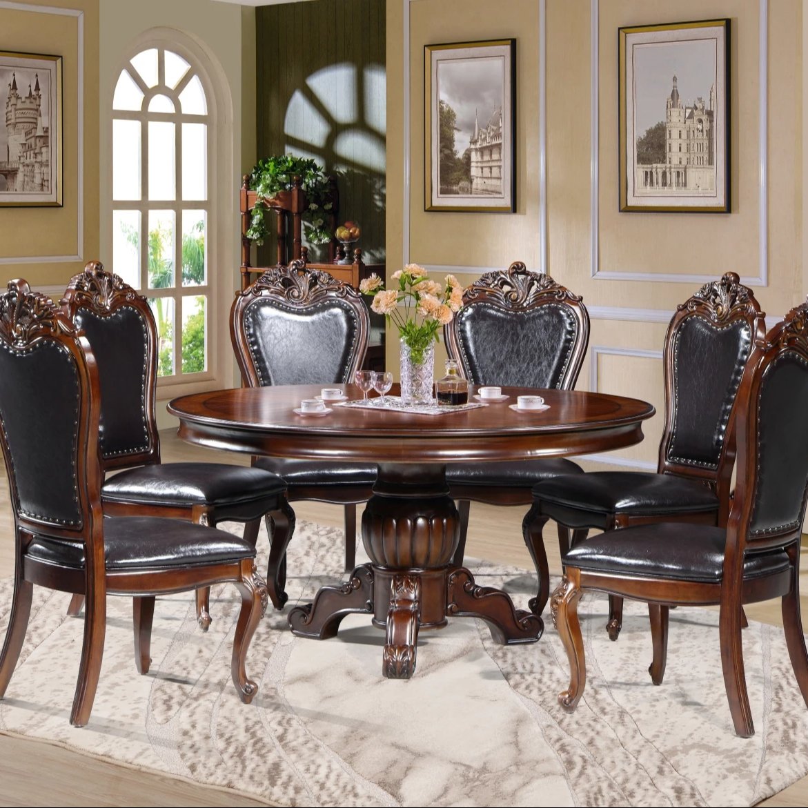 Classic Luxury Wooden Round Dining Table with Chair Dining Room Set Furniture Home Furniture Modern Solid Wood Dinning Table