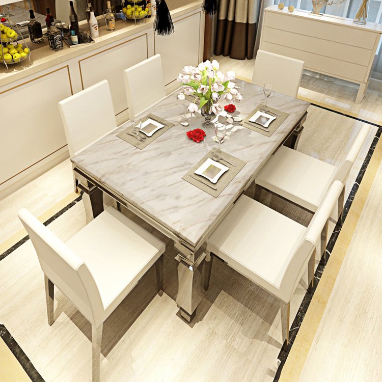 Luxury Antique Italian Modern Square Stone Marble Dining Table Set 6 Chairs 8 Seater Kitchen Restaurant Dining Room Furniture