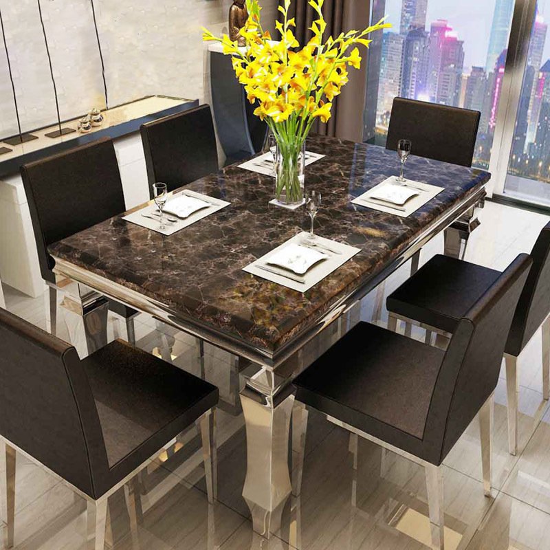 Luxury Antique Italian Modern Square Stone Marble Dining Table Set 6 Chairs 8 Seater Kitchen Restaurant Dining Room Furniture