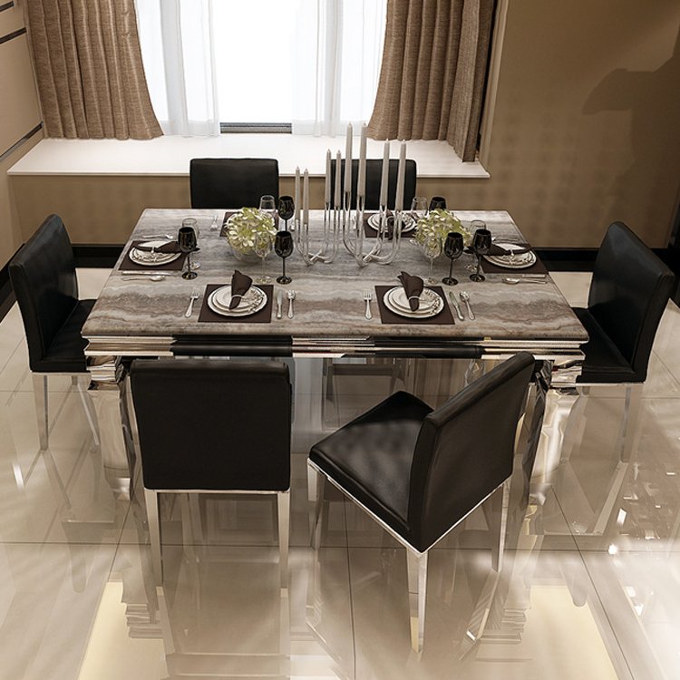 Luxury Antique Italian Modern Square Stone Marble Dining Table Set 6 Chairs 8 Seater Kitchen Restaurant Dining Room Furniture
