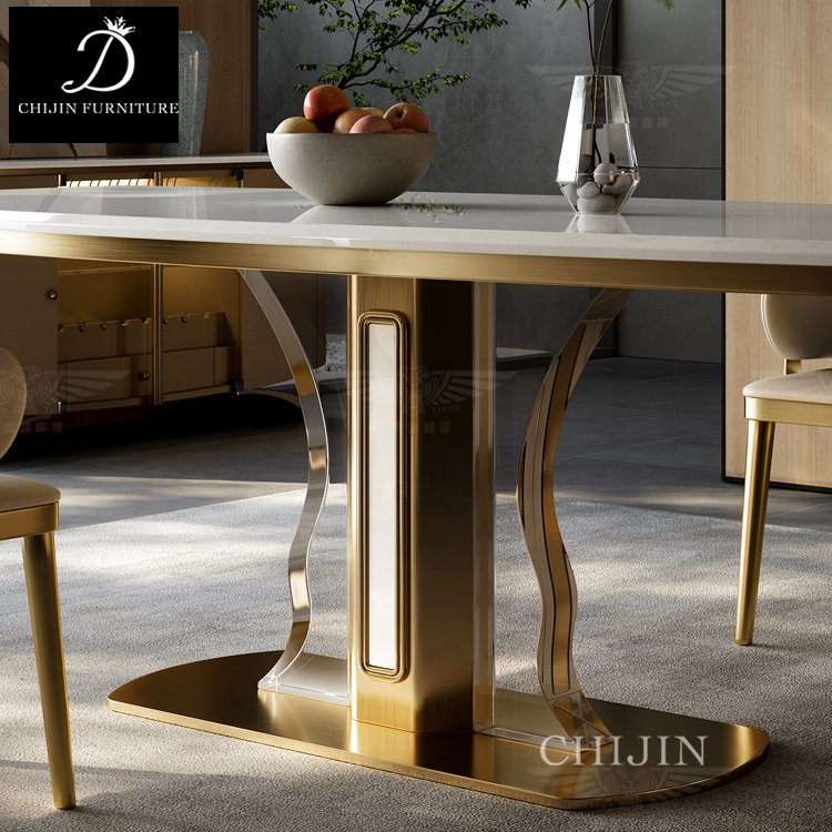 Deluxe Kitchen Long Dining Table Set For 6 Modern Stainless Steel Sintered Stone Dining Table Furniture