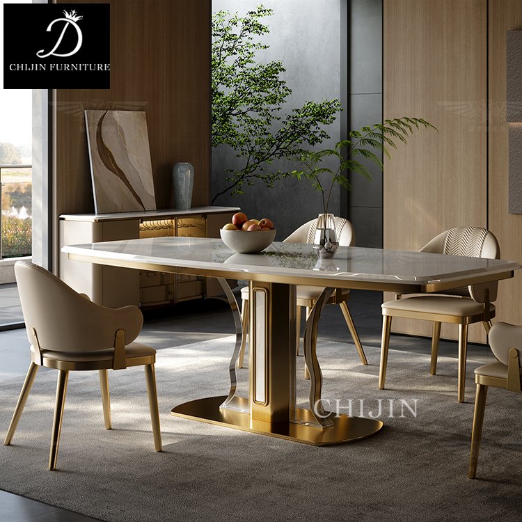 Deluxe Kitchen Long Dining Table Set For 6 Modern Stainless Steel Sintered Stone Dining Table Furniture
