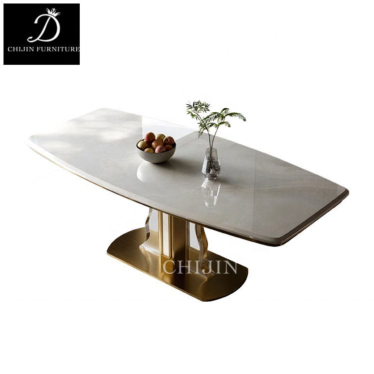 Deluxe Kitchen Long Dining Table Set For 6 Modern Stainless Steel Sintered Stone Dining Table Furniture