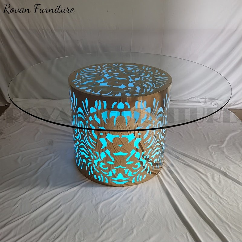 High quality modern furniture round transparent glass top iron stainless steel LED base wedding banquet dining table