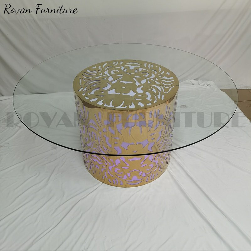 High quality modern furniture round transparent glass top iron stainless steel LED base wedding banquet dining table