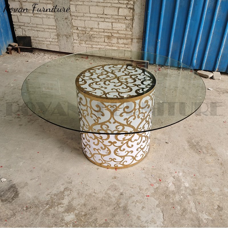 High quality modern furniture round transparent glass top iron stainless steel LED base wedding banquet dining table