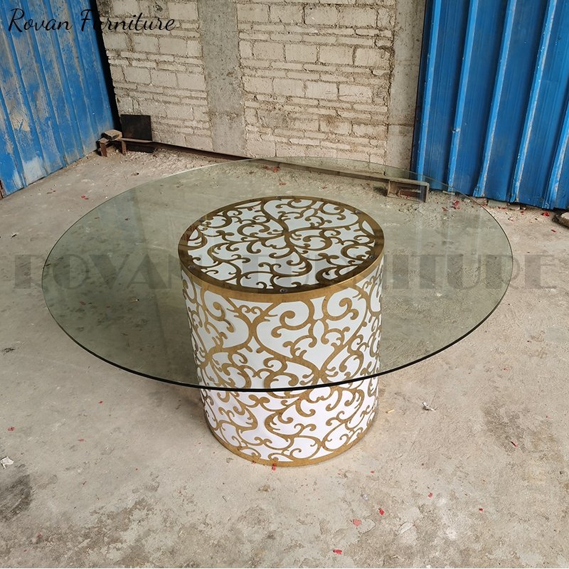 High quality modern furniture round transparent glass top iron stainless steel LED base wedding banquet dining table