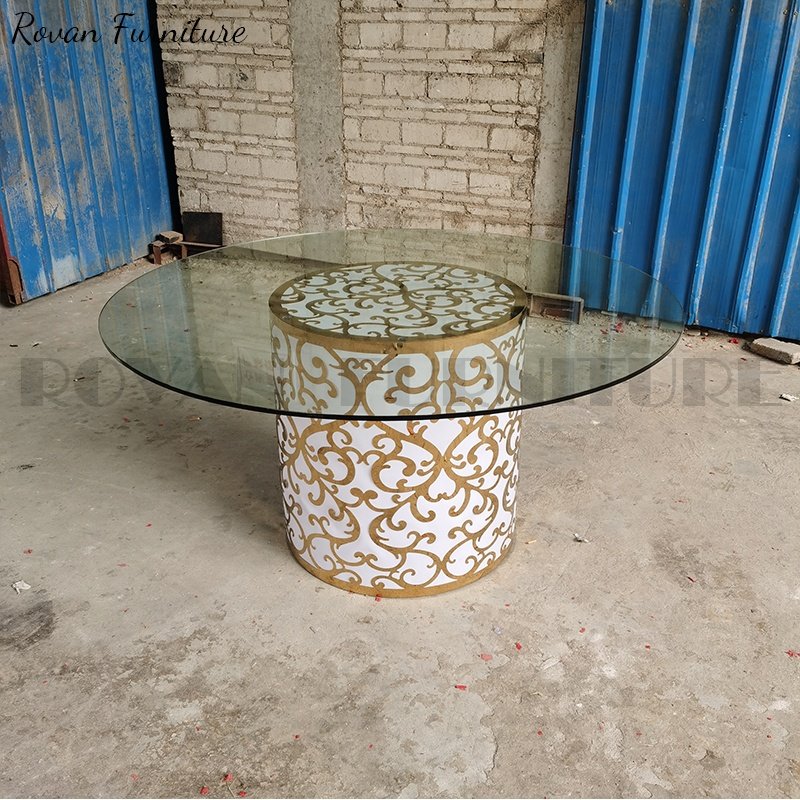 High quality modern furniture round transparent glass top iron stainless steel LED base wedding banquet dining table