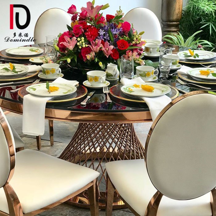 Wholesale modern wedding mirror glass rose gold stainless steel round dining table