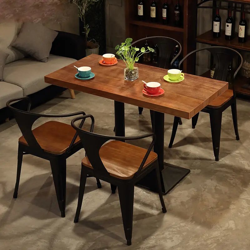 Cheap Classic 2 Seater Modern Metal Legs Elm Wood Board Luxury Restaurant Powder Coating Dining Table Set/Dining Table and Chair
