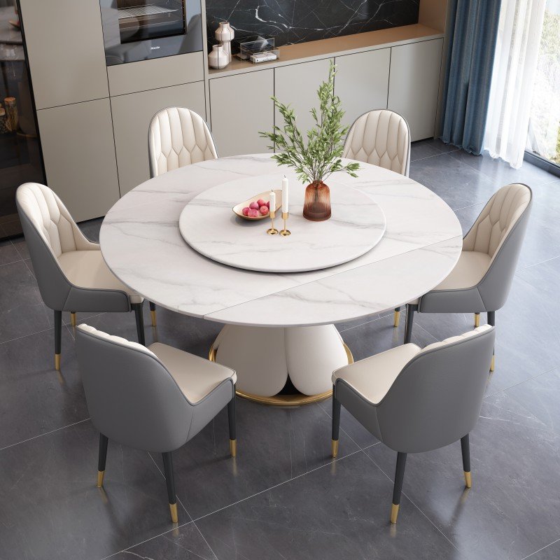 Customized Light luxury marble dining table rectangular round table modern minimalist home round turntable dining table