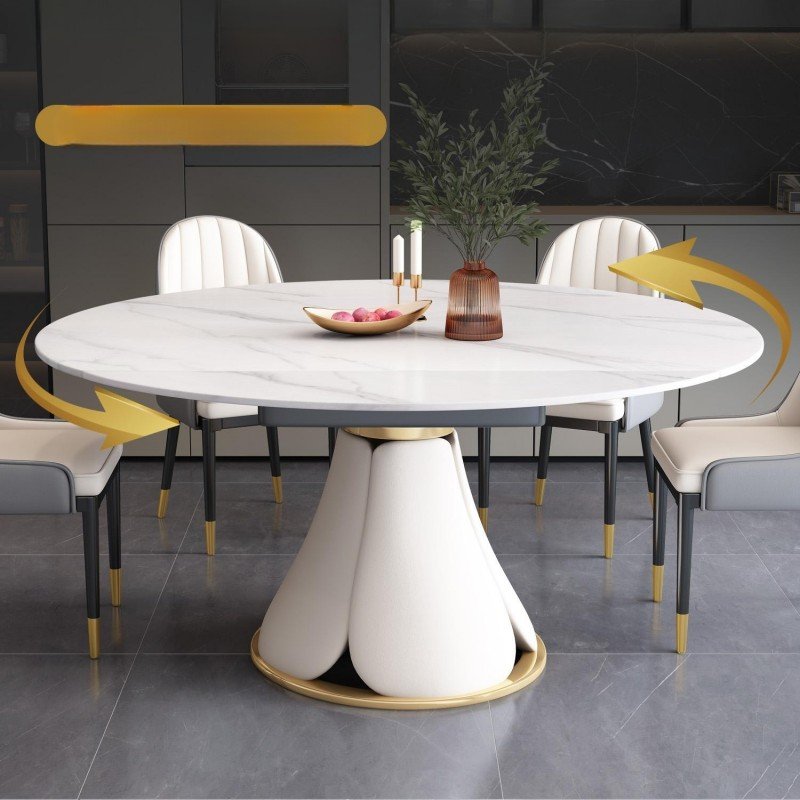 Customized Light luxury marble dining table rectangular round table modern minimalist home round turntable dining table