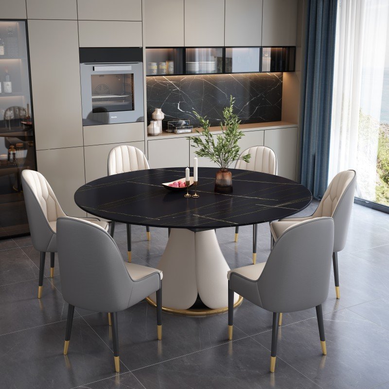 Customized Light luxury marble dining table rectangular round table modern minimalist home round turntable dining table