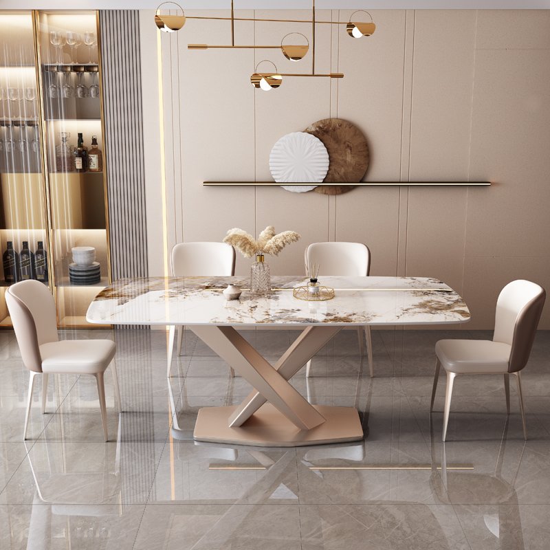 Modern Luxury Rock Slab Rectangular Dining Table Extendable Home or Hotel Furniture for Kitchen Living Room or Dining Room