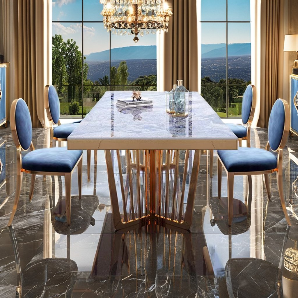 Elegant design gold stainless steel legs Italy luxury marble top 12 seat dining table set kitchen modern dining room furniture