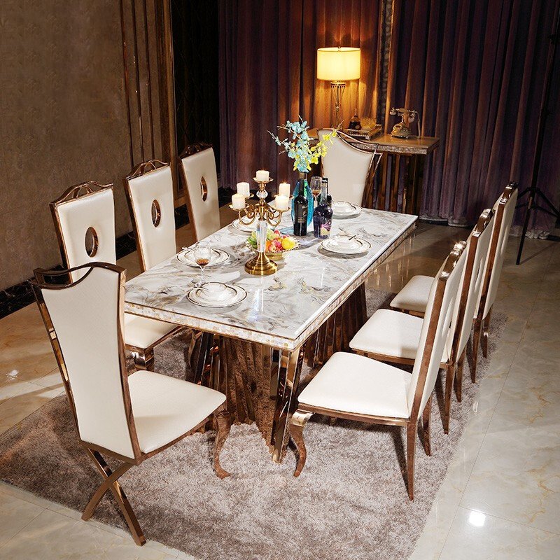 Modern luxury durable marble dining tables and chairs rectangular gold dining room furniture